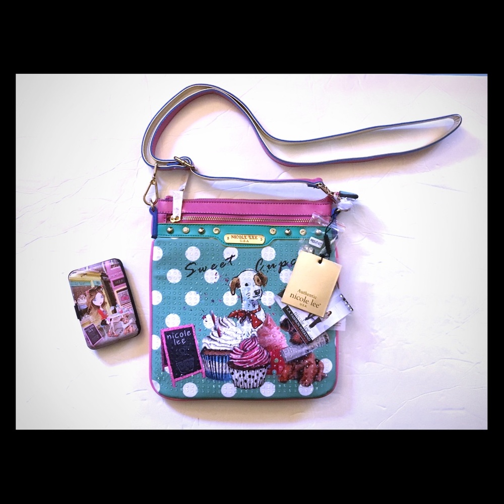 NICOLE LEE Cupcake Dog Print Crossbody w/Card Case